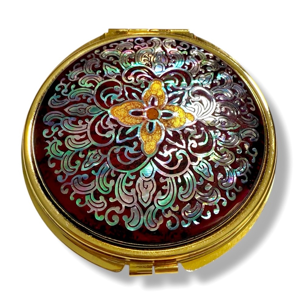 24K Gold-Plated Enamel Hand-Painted Compact Mirror Shin Do Korean Collectible